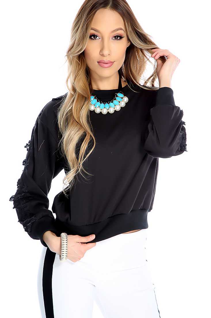 Black Long Sleeve Floral Crochet Trim Sweater