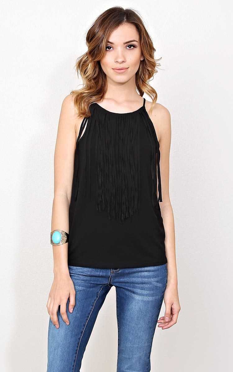 Shake It Off Knit Fringe Tank - - Black in Size by Styles For Less