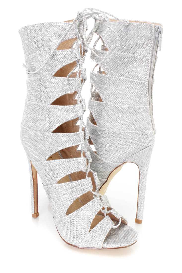 Silver Strappy Peep Toe Single Sole Booties Shimmer Fabric
