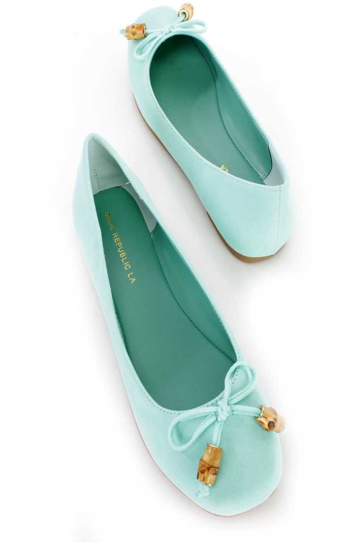 Mint String Bow Tie Ballet Flats Faux Suede