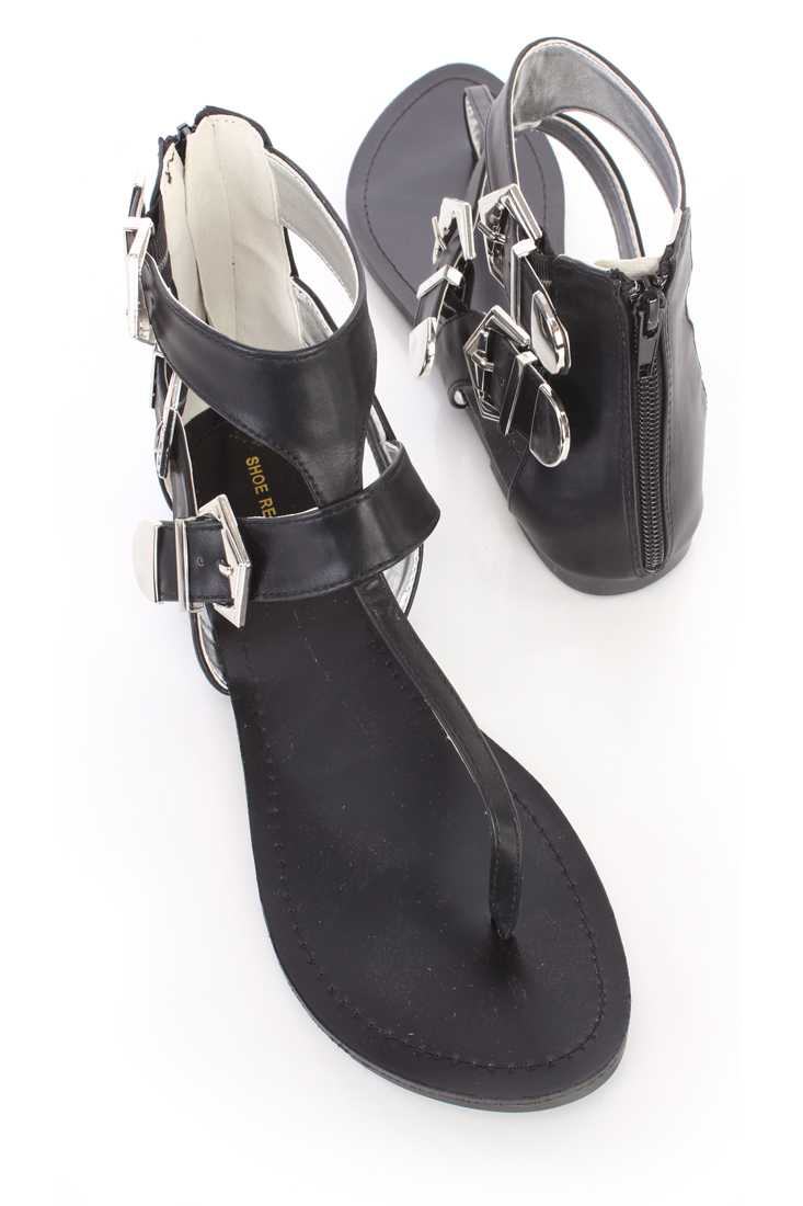 Black T Strap Thong Sandals Faux Leather