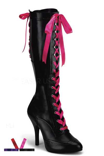 Black Colored Interchangeable Ribbon Lace Platform Knee High Boots