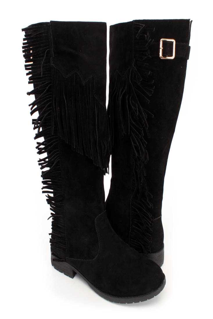 Black Fringe Detailed Side Boots Faux Suede