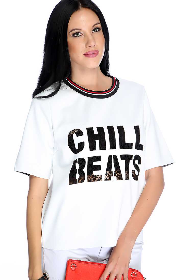 White Black Embroidered Graphic Cut Out Casual Top