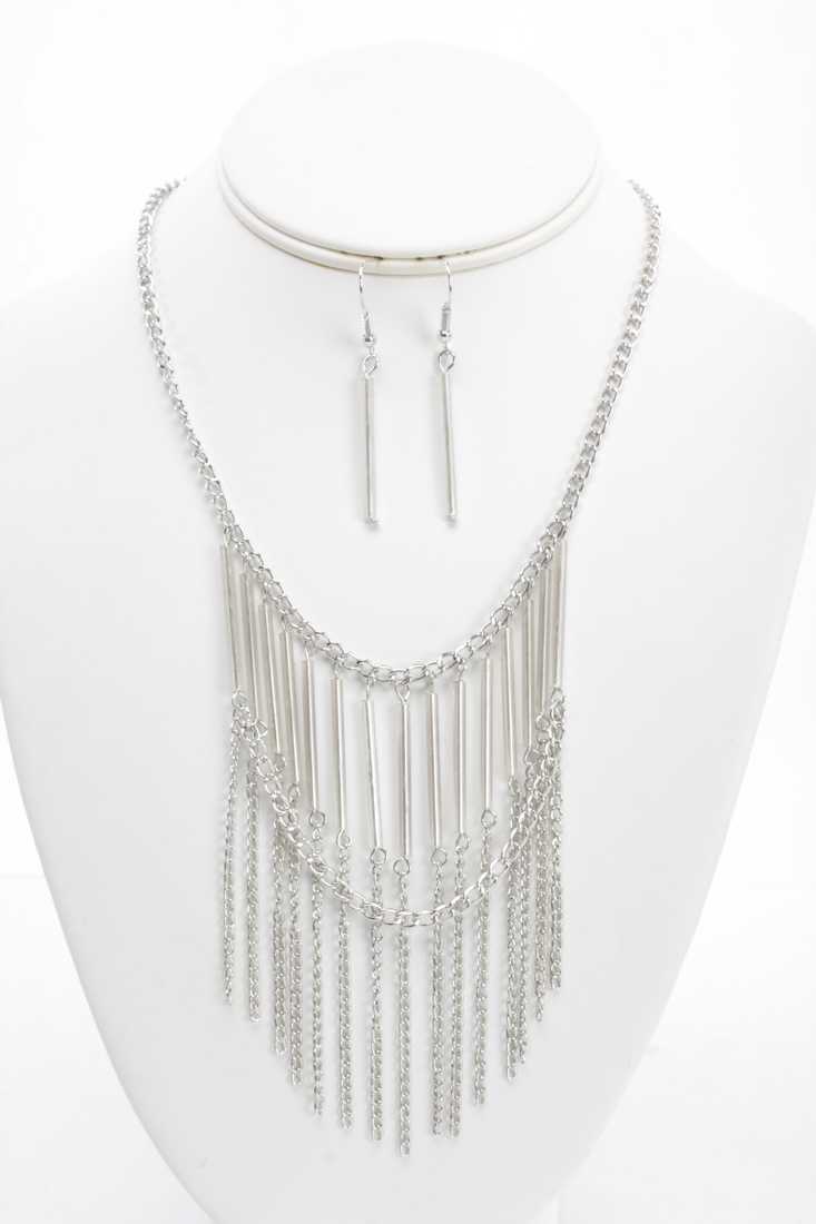 Silver Fringe Chain Beaded Necklace