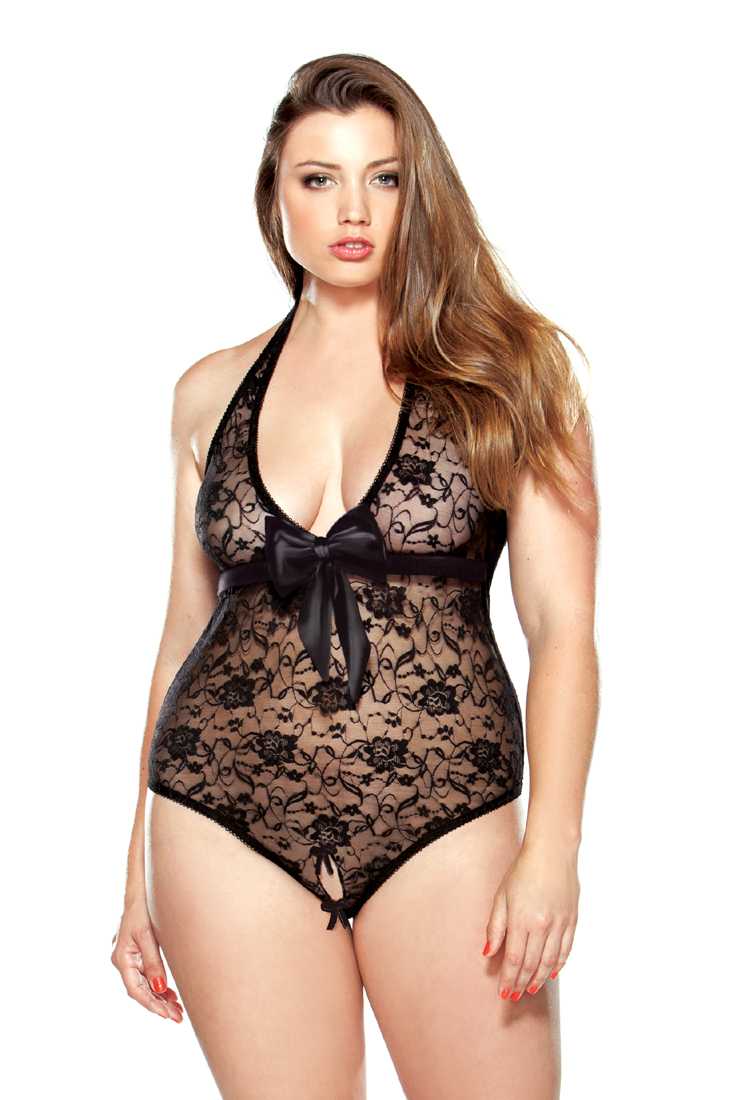 Black Lace Crotchless Plus Size Sexy Teddy Intimates Set
