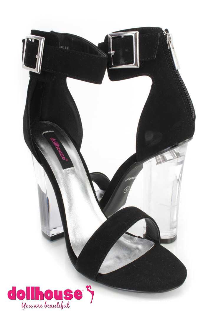 Black Single Sole Clear Chunky Heels Faux Leather