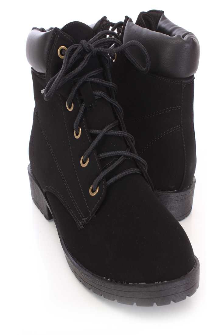 Black Lace Up Tie Ankle Booties Faux Leather