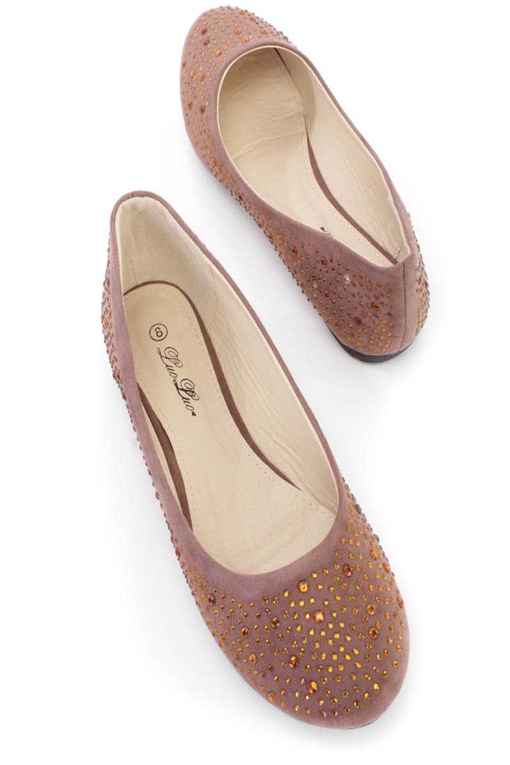 Brown Rhinestone Detail Flats Faux Suede