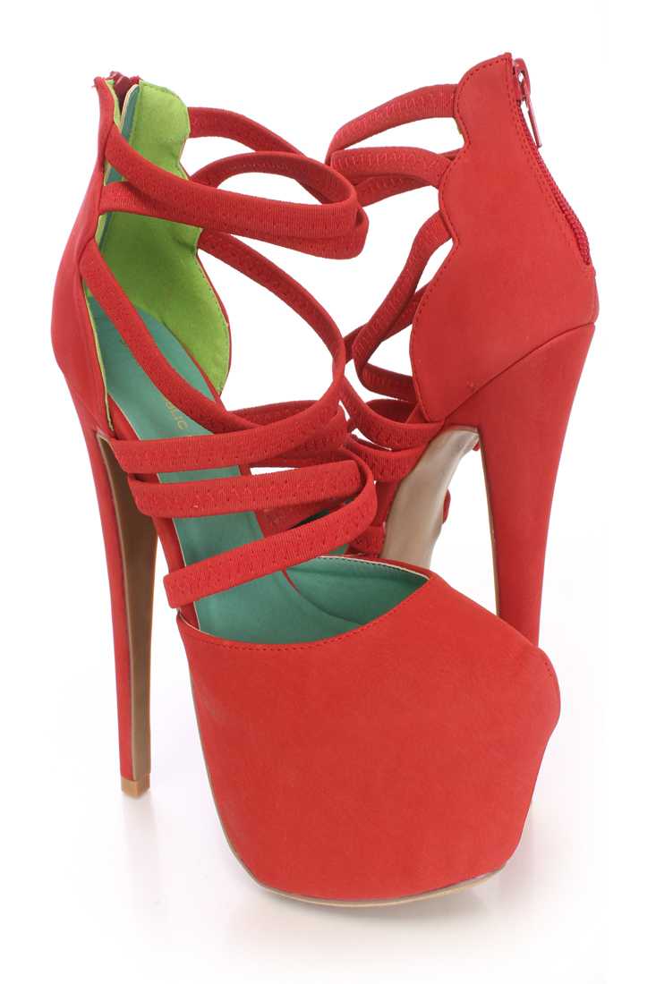 Red Strappy Platform High Heels Nubuck