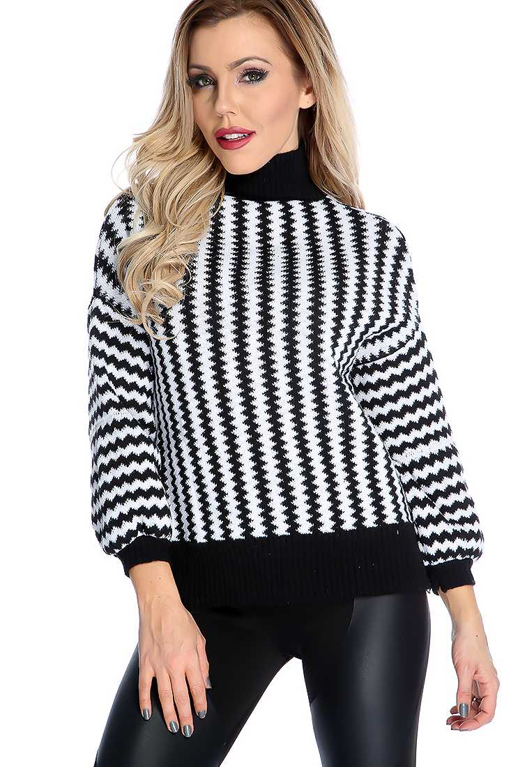 Black White Knitted Chevron Pattern Turtle Neck Sweater Top
