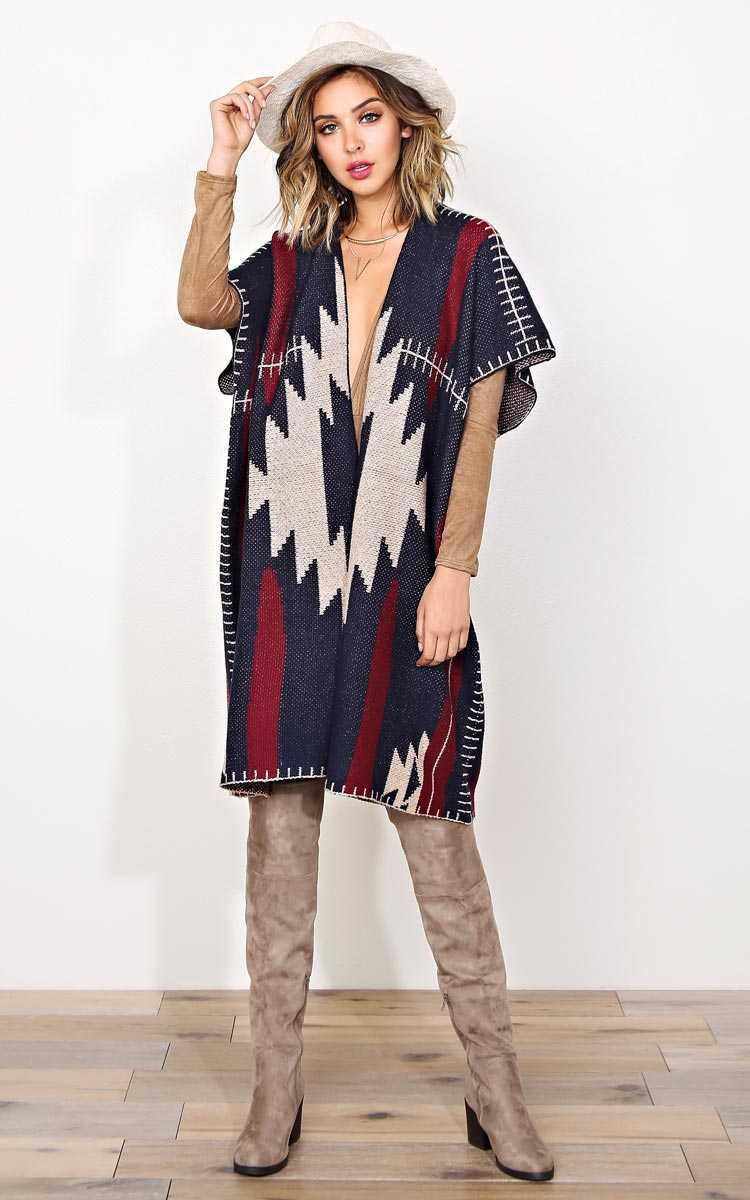 Aztec Glow Knit Poncho Wrap - - Navy Combo in Size by Styles For Less
