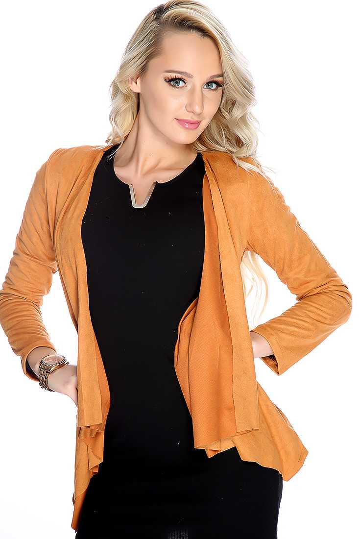 Mustard Quarter Sleeves Side Pocket Open Front Jacket