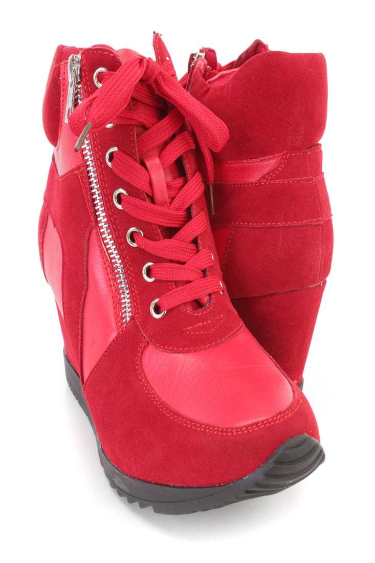 Red Lace Up Sneaker Wedges Faux Suede Leather