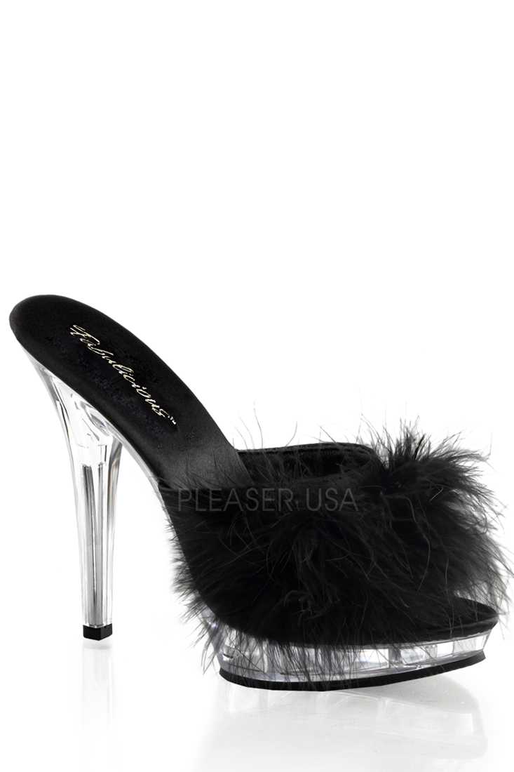 Black Marabou Faux Fur Slip On High Heels Satin