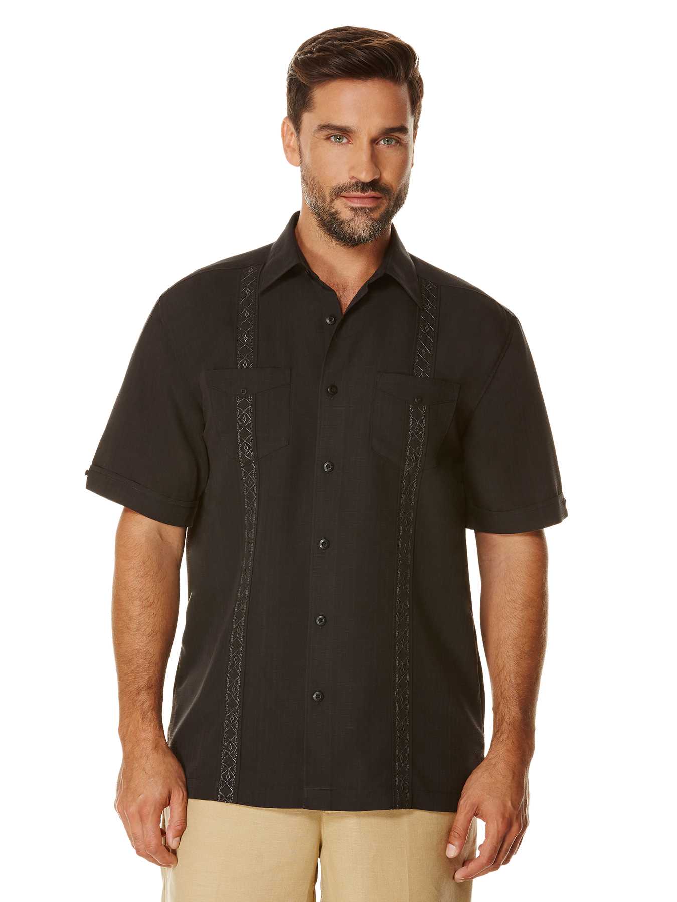 Cubavera Short Sleeve 2 Pocket Embroidered Tuck Panel Shirt