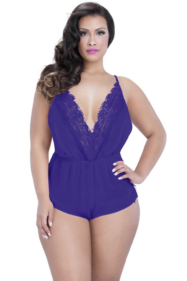 Purple Chiffon Lace Romper Plus Size Intimates Set