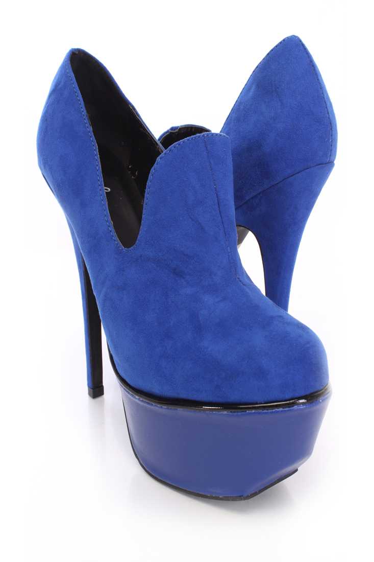 Cobalt Blue Loafer Platform Booties Faux Suede