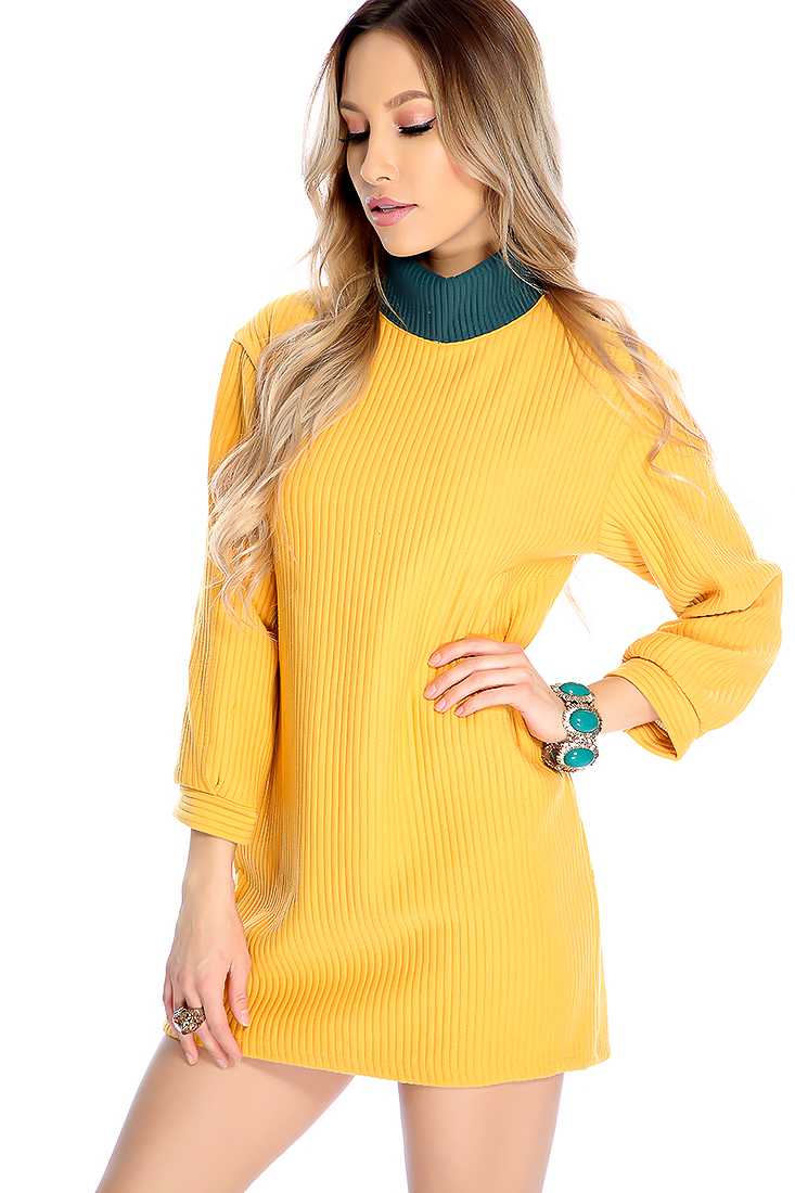 Mustard Long Sleeve Ribbed Two Tone Causal Sweater Dress