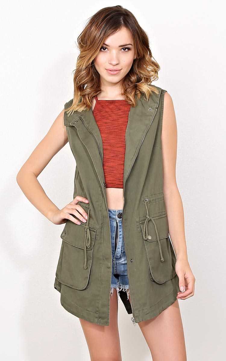 Down Pour Long Anorak Vest - - Olive/Drab in Size by Styles For Less
