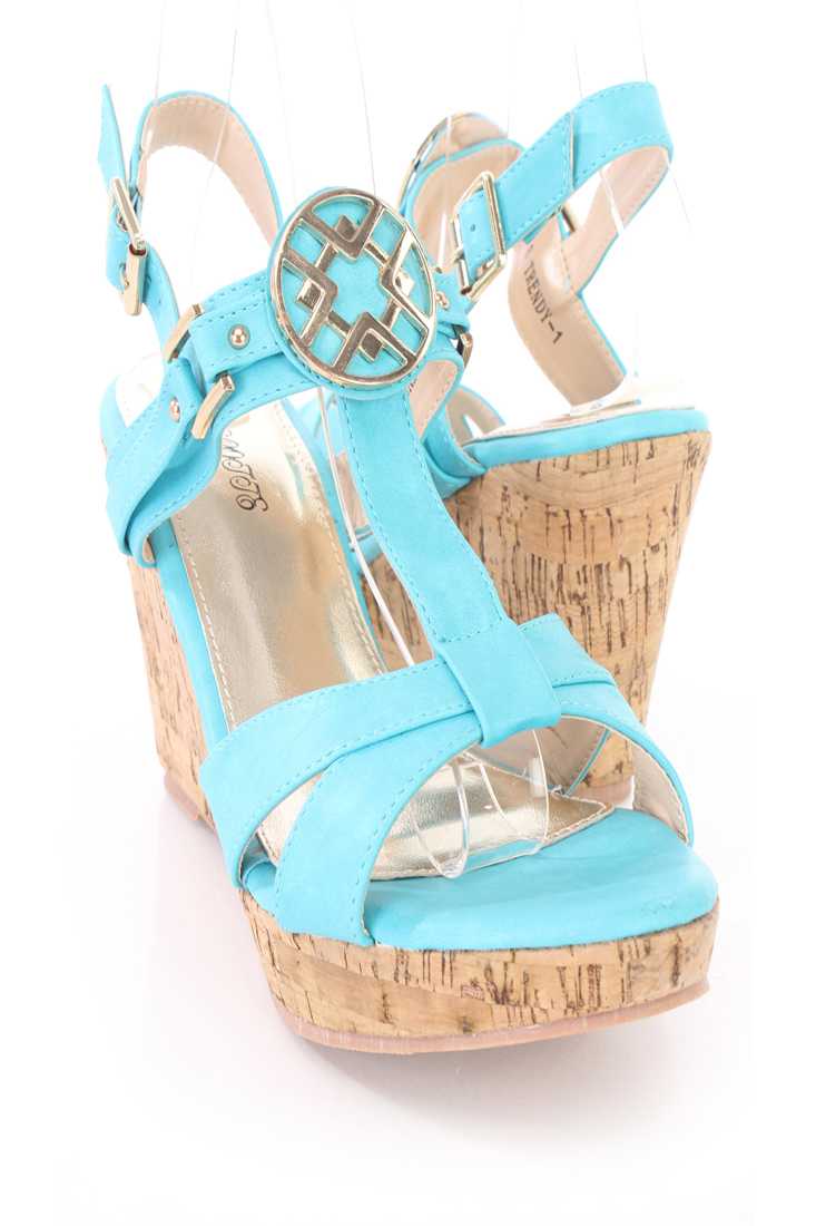 Blue High Polish Hardware Cork Wedges Faux Leather