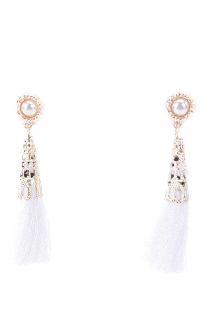 White High Polish Intricate Shimmer Beaded Tassel Earrings