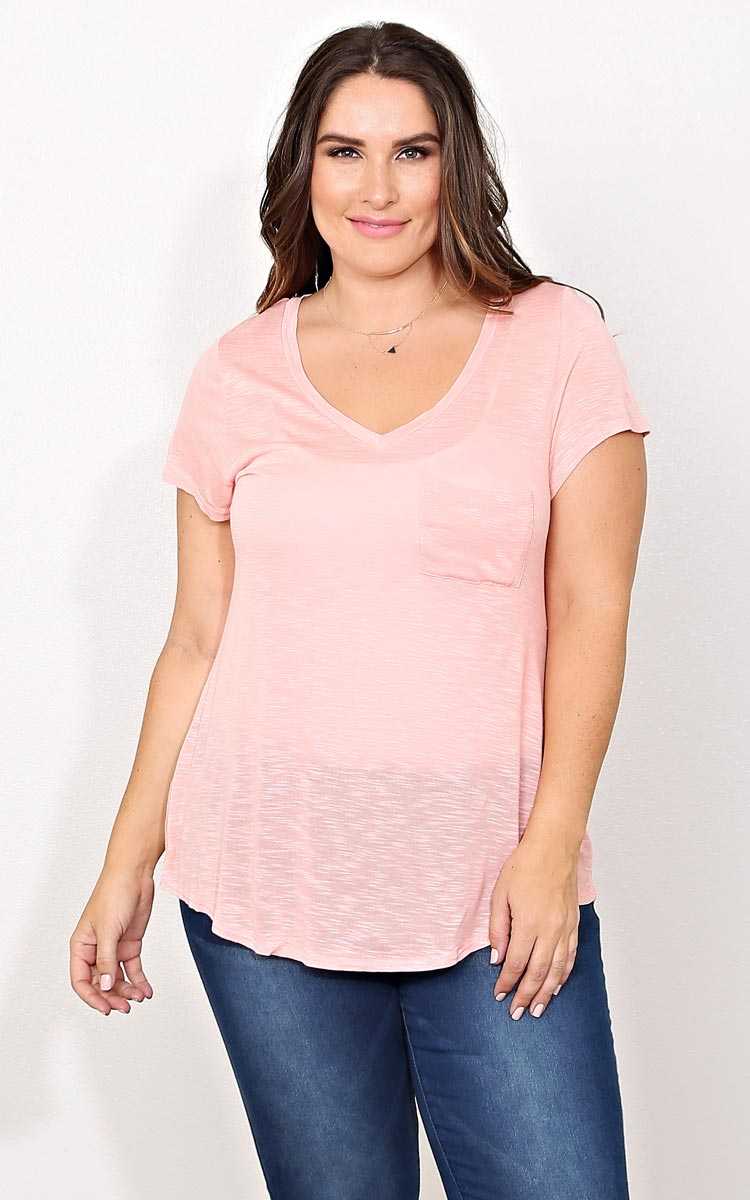 Plus Size Peach V Neck Pocket Tee - Peach in Size 3X by Styles For Less