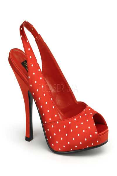 Red Satin Polka Dot Print Peep Toe Slingback High Heels