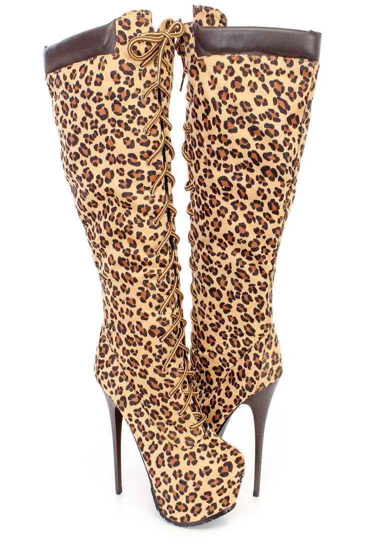Leopard Lace Up 6 Inch Stiletto High Heel Boots Faux Suede