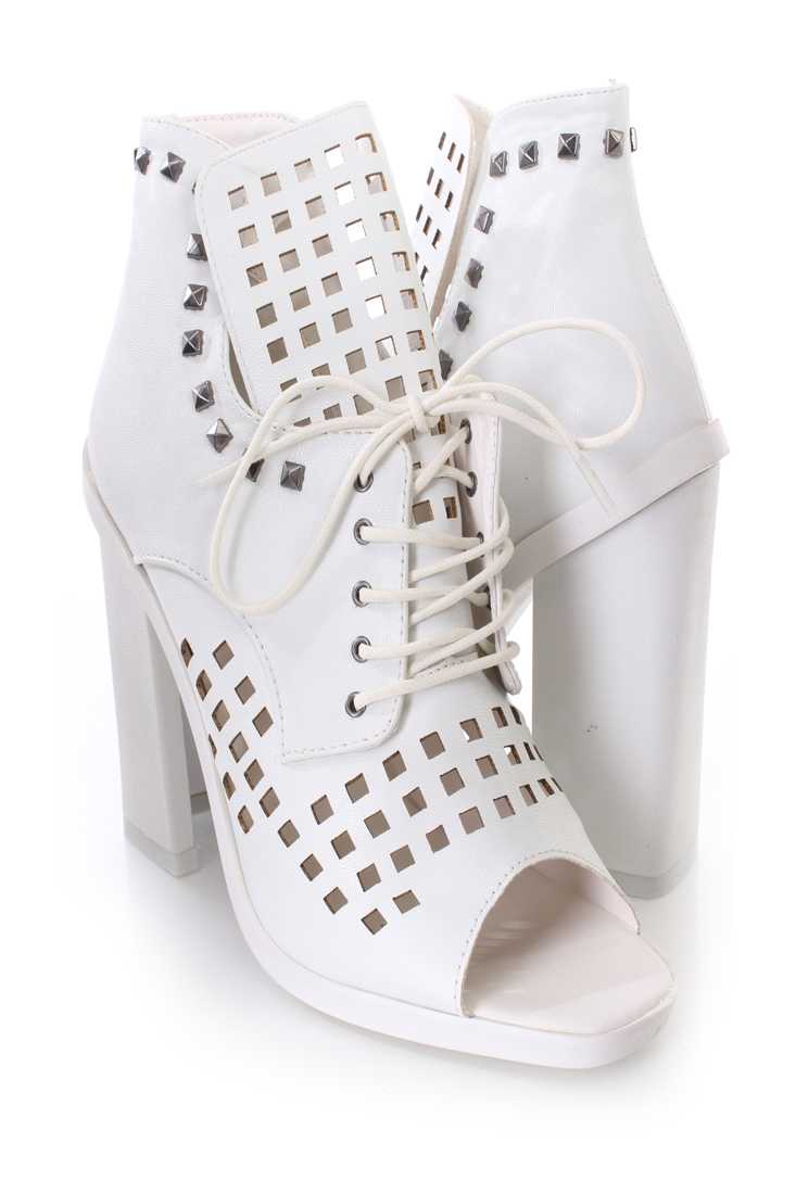 White Perforated Studded Single Sole Booties Faux Leather