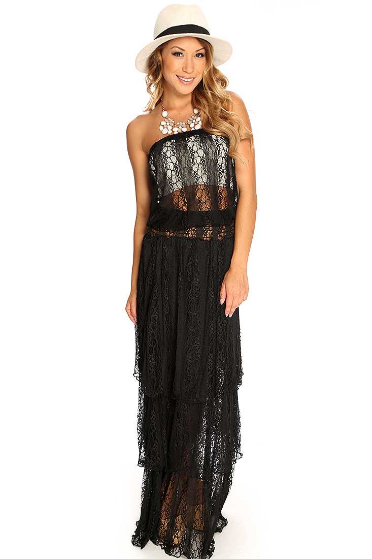 Black Lace Mesh Layered Strapless Cute Maxi Dress