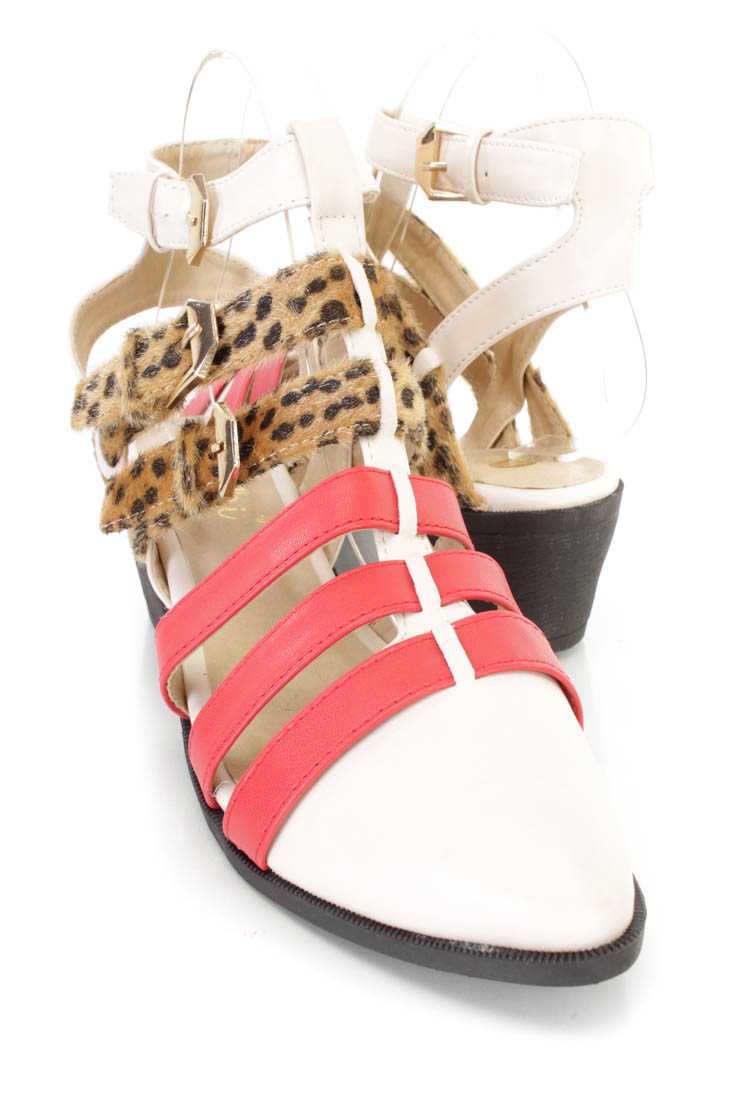 Beige Red Strappy Animal Buckle Flats Faux Leather