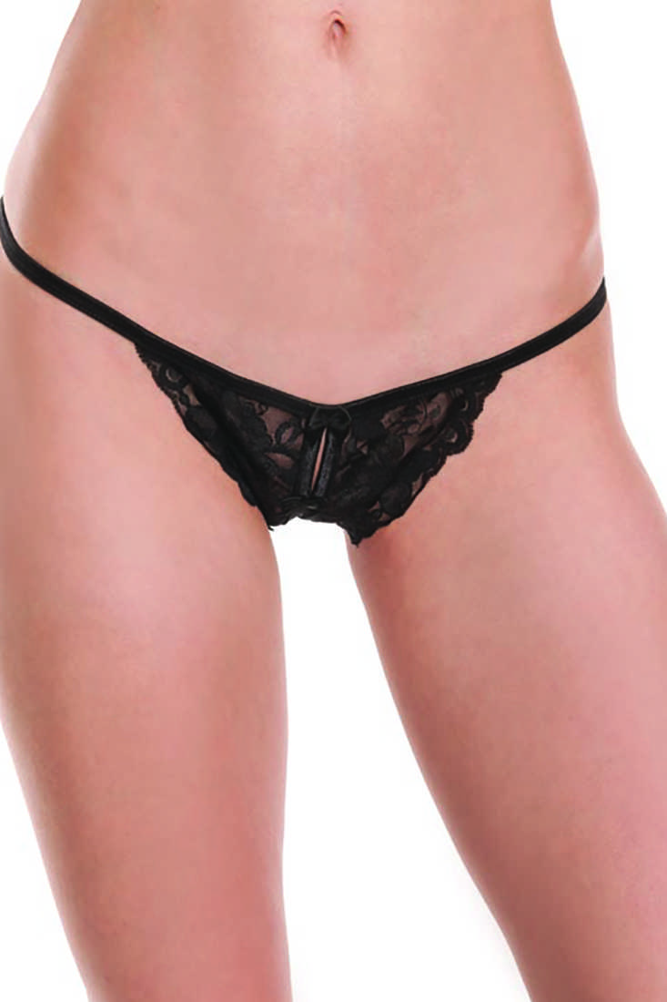 Black Bow Accent Crotchless Sexy Lace G-String
