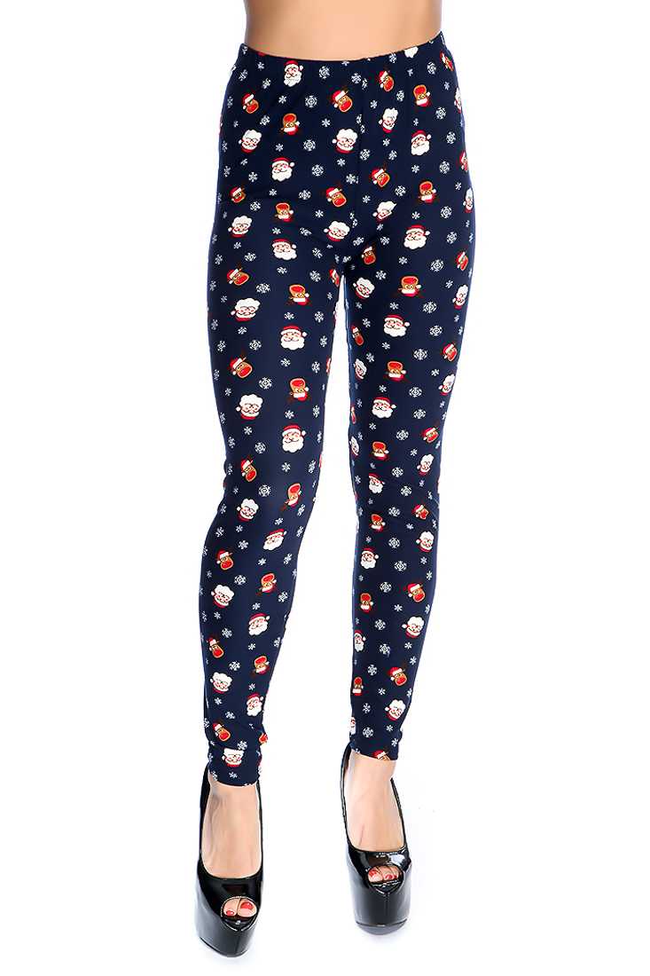 Navy White Santa/Reindeer Print High Waist Leggings