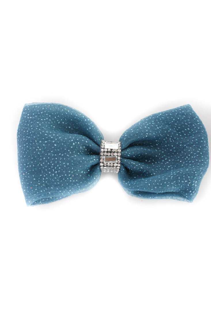 Teal Sparkly Rhinestone Detail Hair Bow Clip