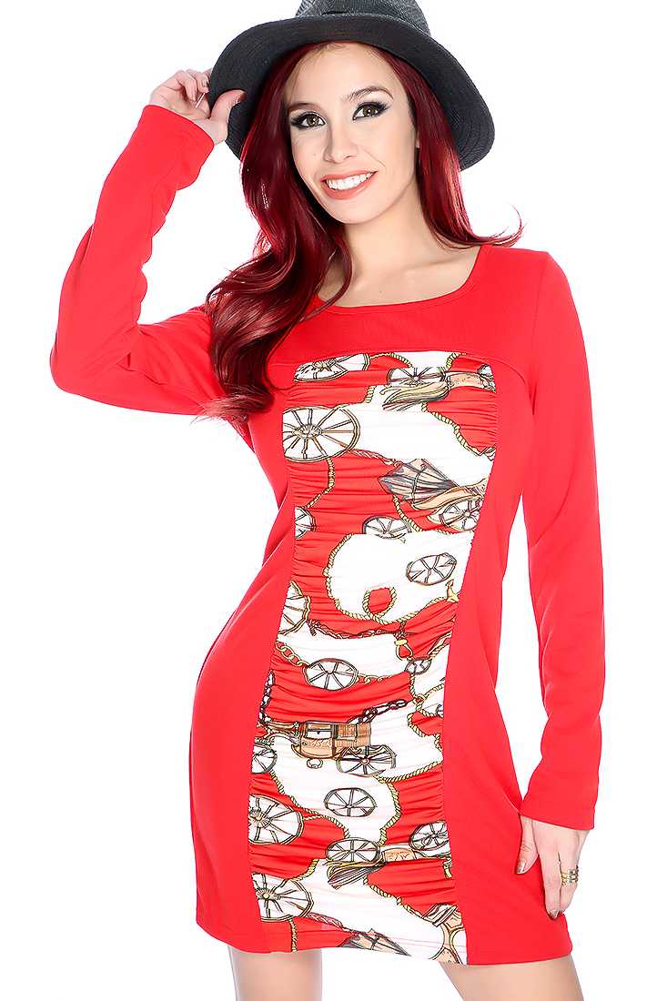 Red Wheel Print Ruched Long Sleeve Party Dress