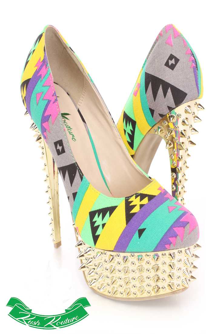 Green Tribal Print Pump High Heels Fabric