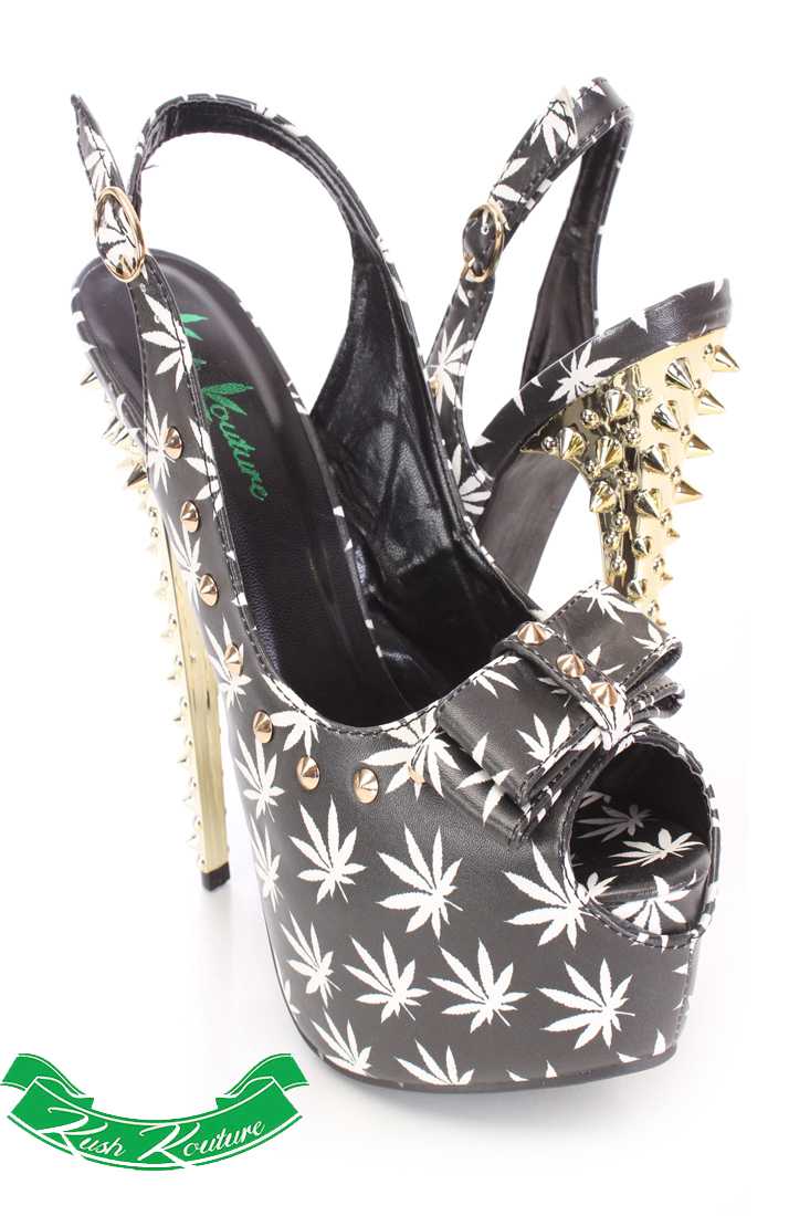 Black Studded Peep Toe Slingback High Heels Faux Leather