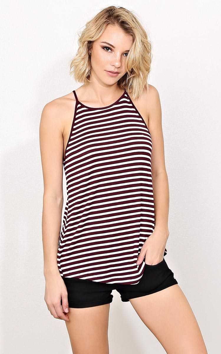 Megan Striped Knit Tank - MED - Wine Combo in Size Medium by Styles For Less