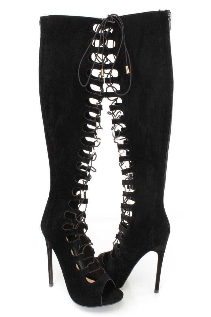 Black Lace Up Single Sole High Heel Boots Faux Suede