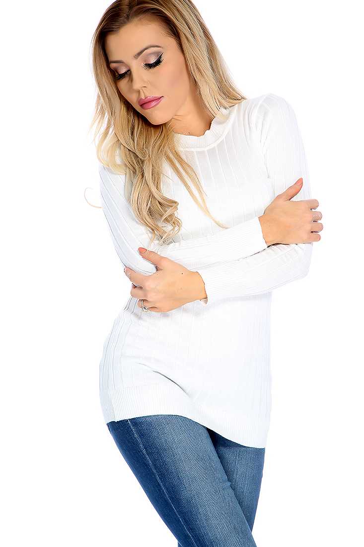 White Green Long Sleeve Mock Neck Ribbed Causal Top