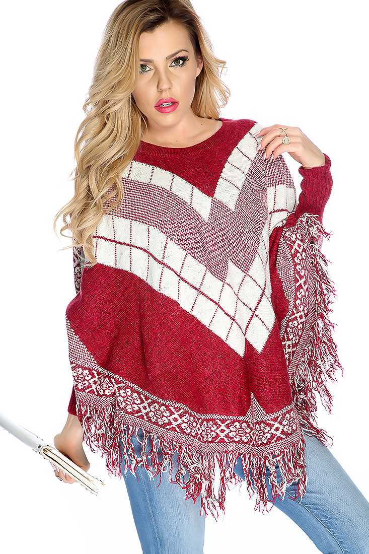 Burgundy White Knitted Fringe Poncho