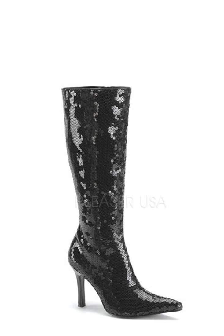 Black Pointed Toe Knee High Boots Sequins