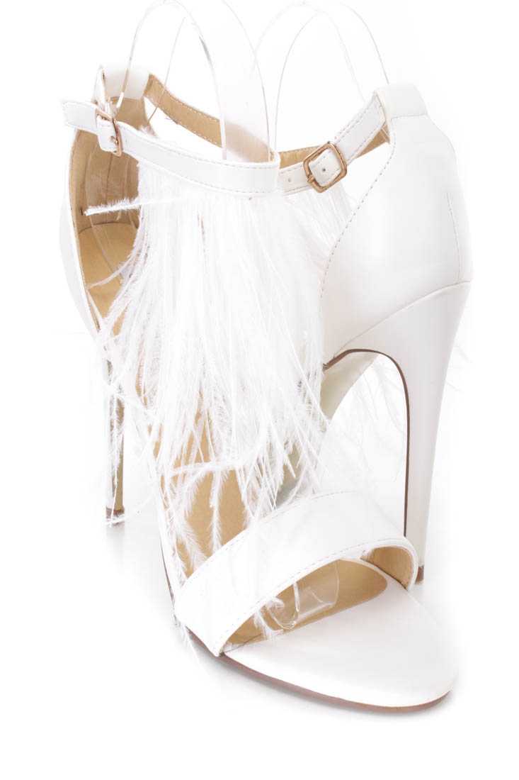 White Marabou Feather Single Sole Heels Faux Leather