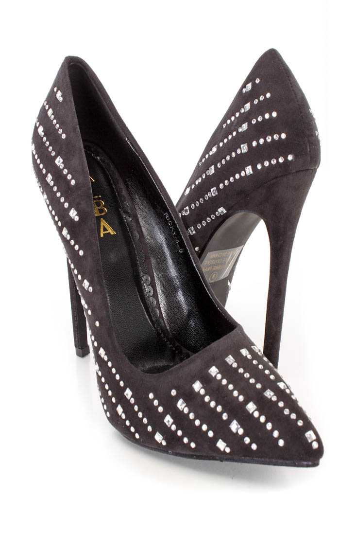 Black Silver Rhinestone Studded Single Sole Pump High Heels Faux Suede