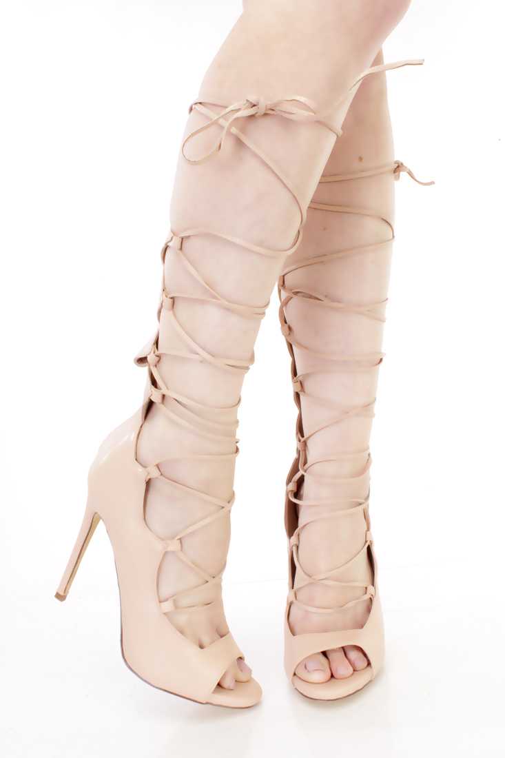 Nude Lace Up Tie Single Sole Gladiator Heels Faux Leather