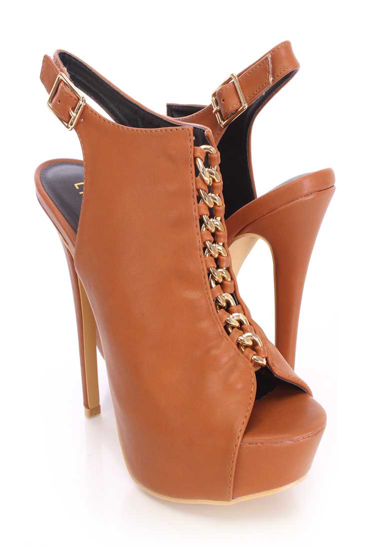Tan Chain Center Peep Toe Booties Faux Leather