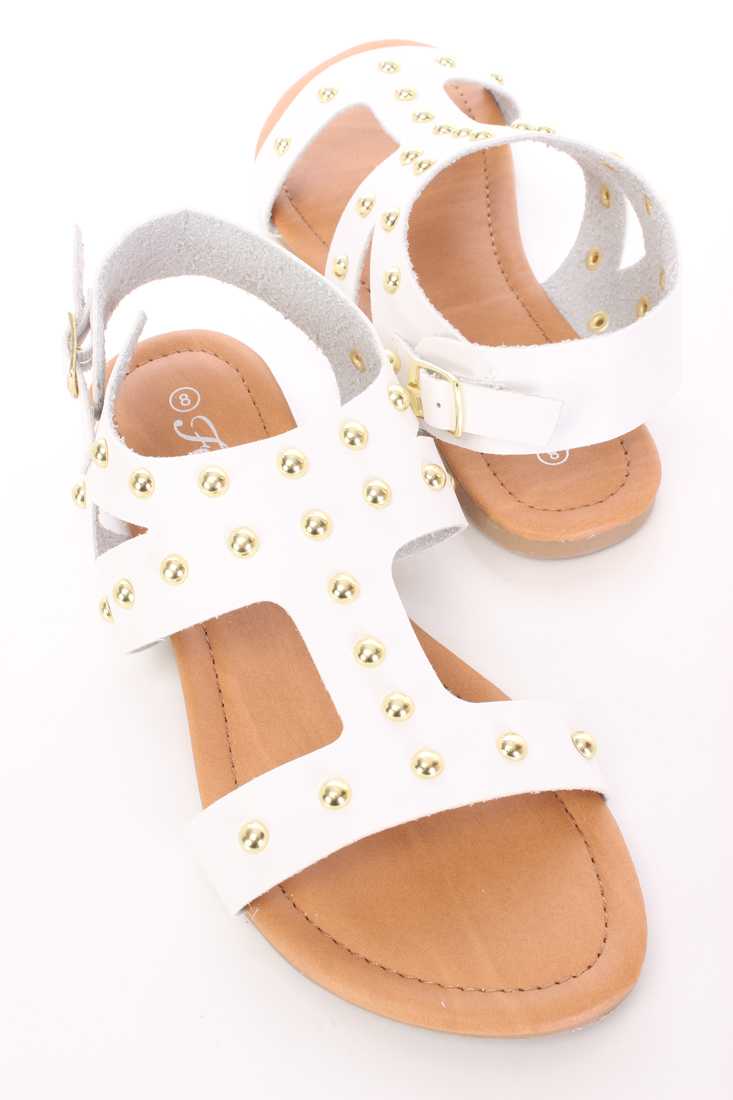 White Studded Open Toe Cut Out Sandals Faux Leather