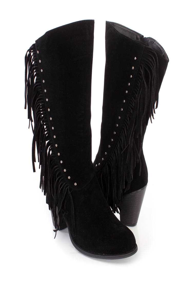Black Studded Fringe High Heel Boots Faux Suede