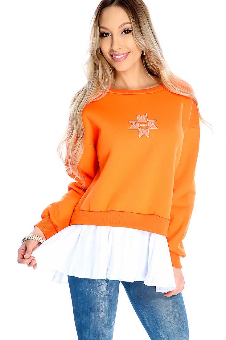 Orange White Long Sleeve Pleated Hem Graphic Print Top